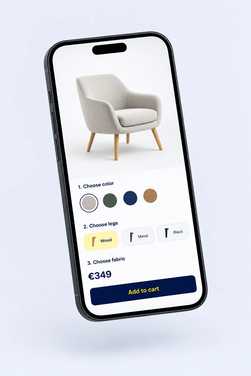 Armchair 3D configurator on a BigCommerce store on a phone with color and leg options