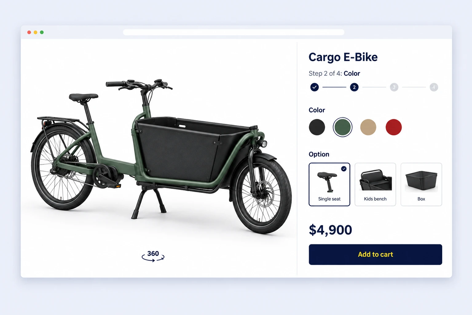 Cargo e-bike 3D configurator on desktop with frame colors, seat options and live price
