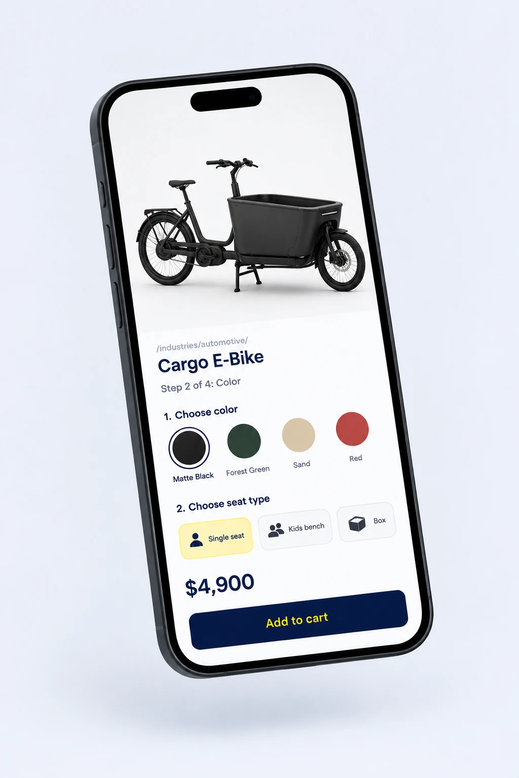 Cargo e-bike 3D configurator on a phone with color and seat options