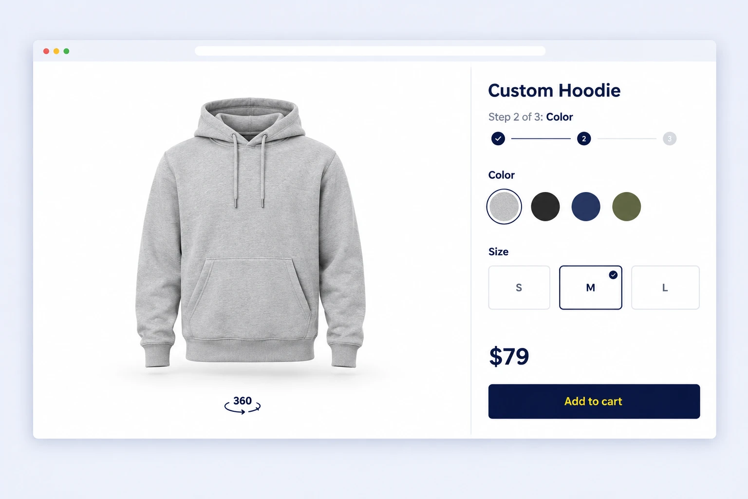 Custom hoodie 3D configurator on desktop with color, size, live price and add to cart