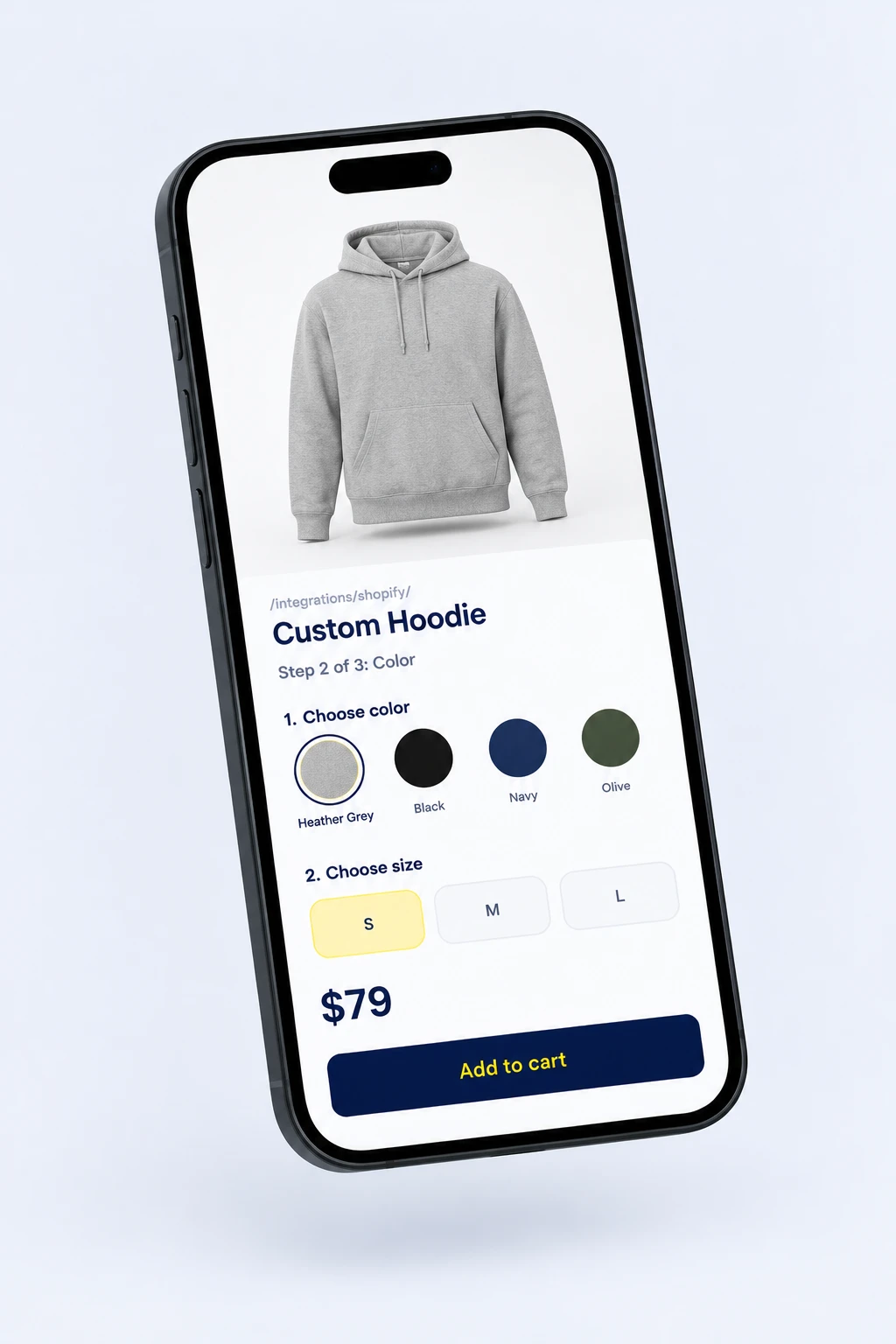 Custom hoodie 3D configurator on a Shopify store on a phone with color and size options