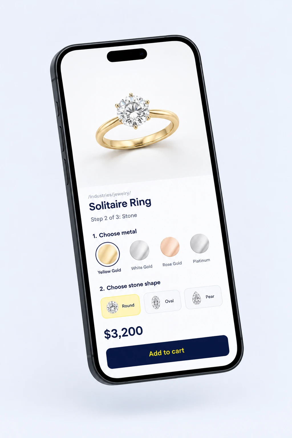 Solitaire ring 3D configurator on a phone with metal and stone shape options