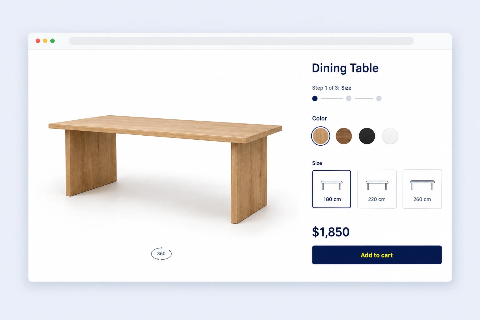 Dining table 3D configurator on a Magento store with finishes, sizes and live price