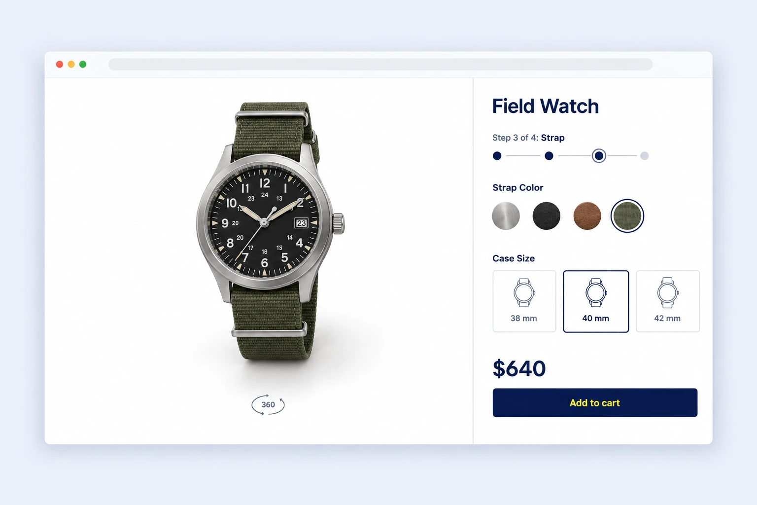 Field watch 3D configurator on desktop with strap colors, case sizes and live price